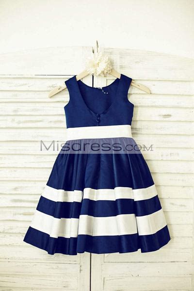 A Line Navy Blue Satin Ivory Stripes Flower Girl Dress Belt Misdress