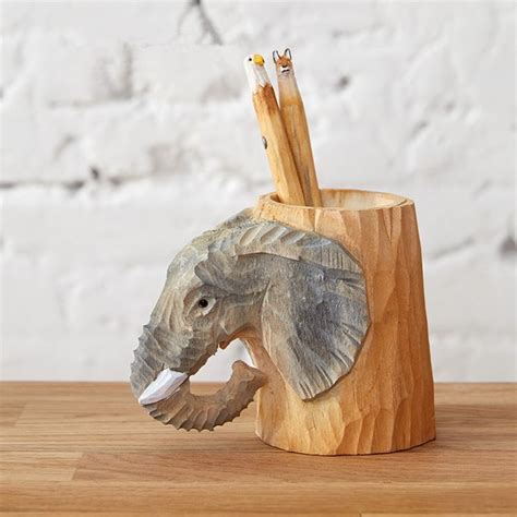 Wooden Elephant Carved Pen Holder Petagadget