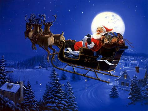 Épinglé Sur Christmas With Santa Claus And Reindeer Flying