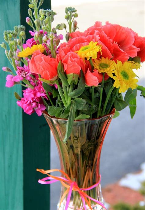 Pretty Vase Filled With Colorful Variety Of Flowers Stock Photo Image