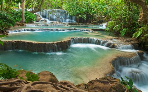 Kuang Si Falls Waterfall In Laos Landscape Hd Wallpaper 3840x2400