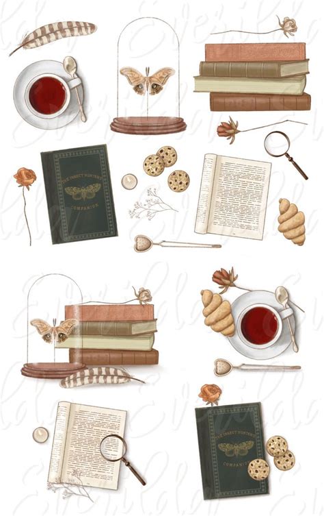 book aesthetic clip art dark academia hand drawn old