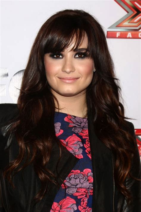 Demi Lovato Wavy Dark Brown Straight Bangs Hairstyle Steal Her Style
