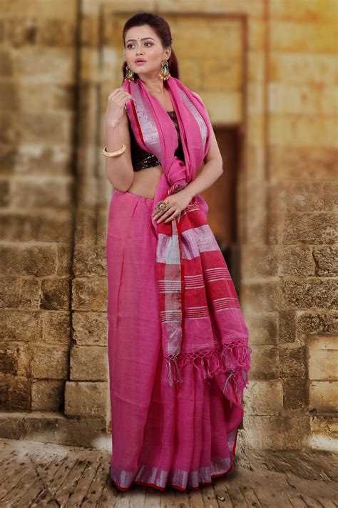 Hand Woven Pink Pure Linen Saree With Silver Zari Border And Red Blouse