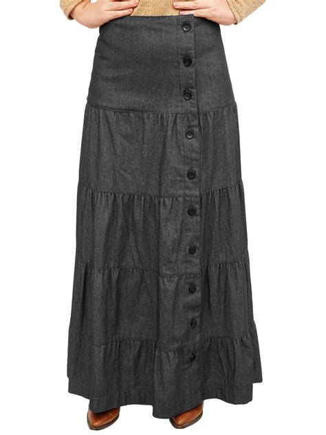 Womens Button Front Long Ankle Length Tiered Denim Prairie Skirt