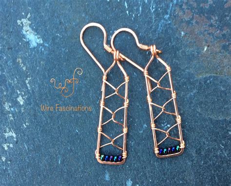 Handmade Copper Earrings Rectangle With Chain Link Wire Wrapped