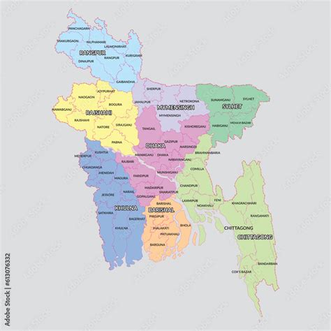 Districts Under Divisions Of Bangladesh Vector Map In English Bangladesh Vector Map In