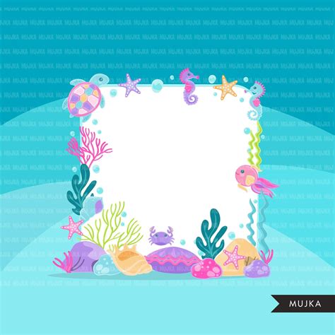 Mermaid Frames Clipart Underwater Marine Frame Pastel Rainbow Graphi