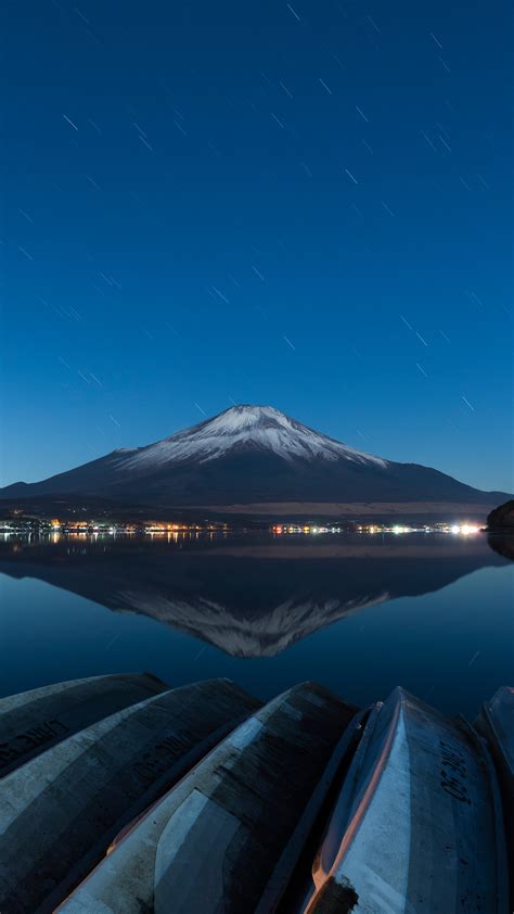 Night View Of Mount Fuji From Lake Yamanaka Yamanashi Prefecture