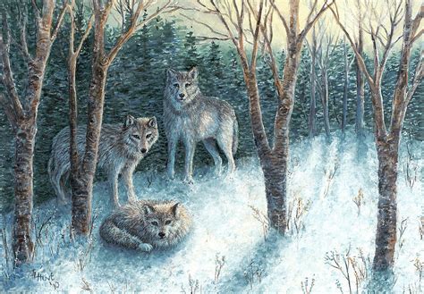 Grey Wolves At Dawn Painting By June Hunt Fine Art America