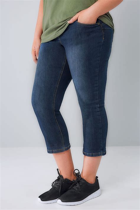 Indigo Blue Denim Cropped Shaper Jeans Plus Size 14 To 28