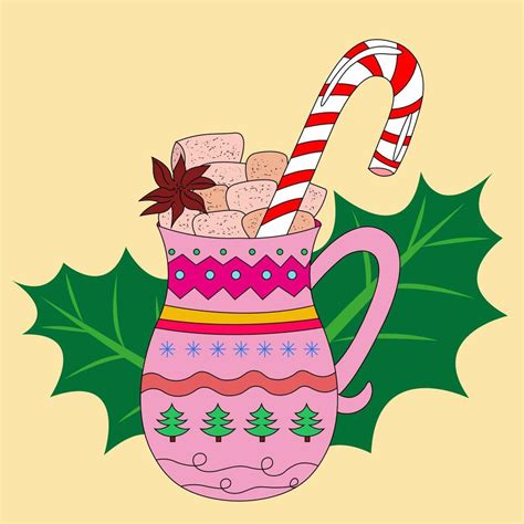 christmas hot drink pink mug with hot chocolate cocoa marshmallows candy cane stick holly in