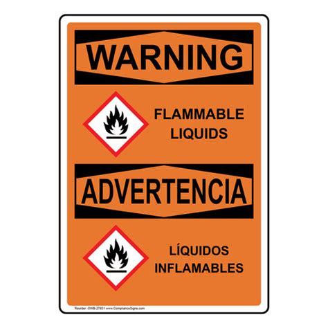Vertical Hazmat Sign Flammable Liquids Bilingual Osha Ghs