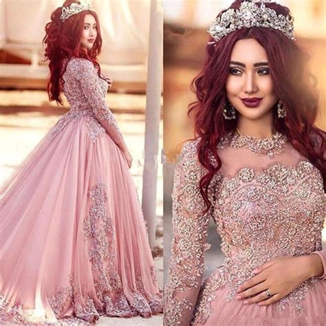 Vestidos De Novia Muslim Long Sleeves Pink Boho Wedding Dress 2019 Plus Size Pearls Wedding