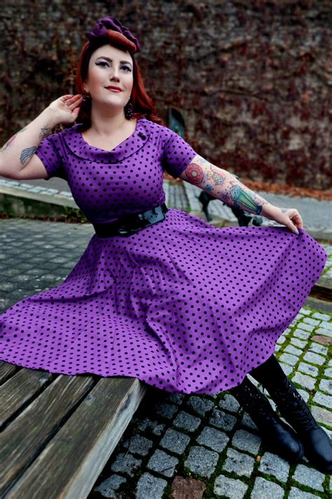 Retro Polka Dot Off Shoulder Dress In Purple