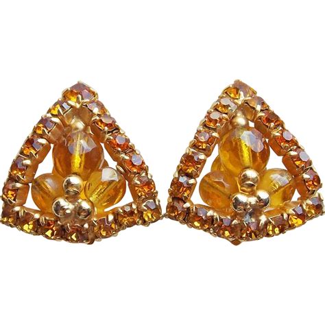 Gorgeous Amber Glass And Rhinestone Vintage Earrings Jewelpigs Ruby Lane