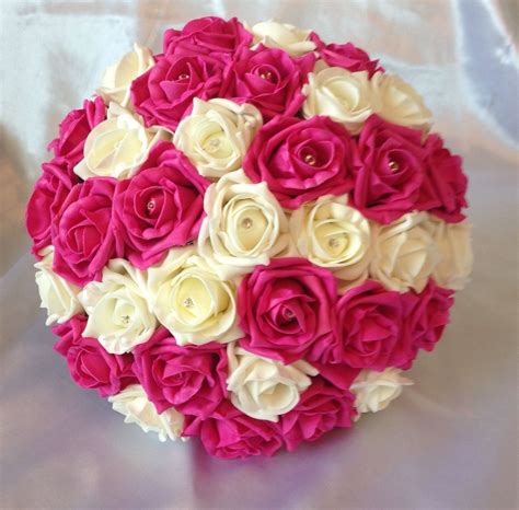 Artificial Flowers Hot Pink Ivory Foam Rose Bride Wedding