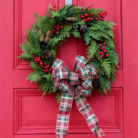 The bright red background features a large christmas wreath adorned with ornaments, stars, cranberry. Cedar, Red Berry & Pinecone Holiday Christmas Wreath ...