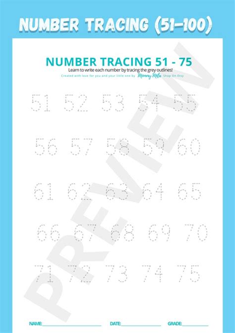 Number Tracing Worksheet 51 To 100 By Mommy Mila Preschool Etsy Canada