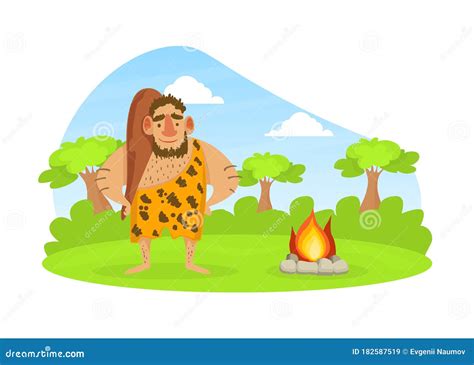 Prehistoric Caveman In Animal Skin Standing With Club On Stone Age
