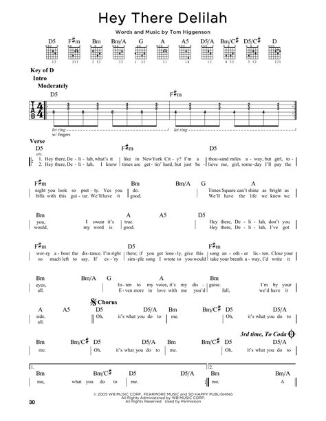 Hey There Delilah By Plain White Ts Guitar Lead Sheet Guitar Instructor