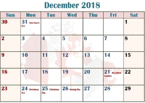 December 2018 Blank Calendar With Holidays Holiday Calendar Canada