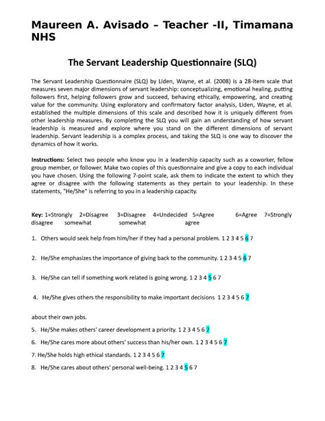 Avisado Servant Leadership Questionnaire Copy Maureen A Avisado