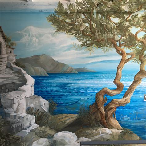 A Hand Painted Mural In Brooklyn Of A Greek Island Landscape The Mural