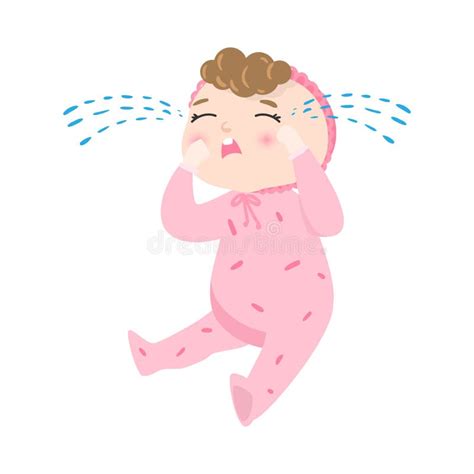 Cute Baby With Kinky Hair In Pink Pajama Sitting And Crying Vector