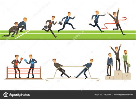 Business Competition Set Of Illustrations With Businessman Running And