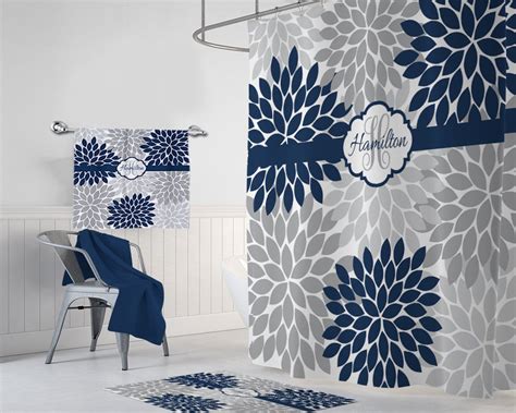 Get grey shower curtains on demand. Flower Navy Gray SHOWER CURTAIN Flower Navy Gray Bathroom ...