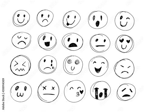 Doodle Emoticons Hand Drawn Pen Emoji Set Pencil Sketch Stock Vector