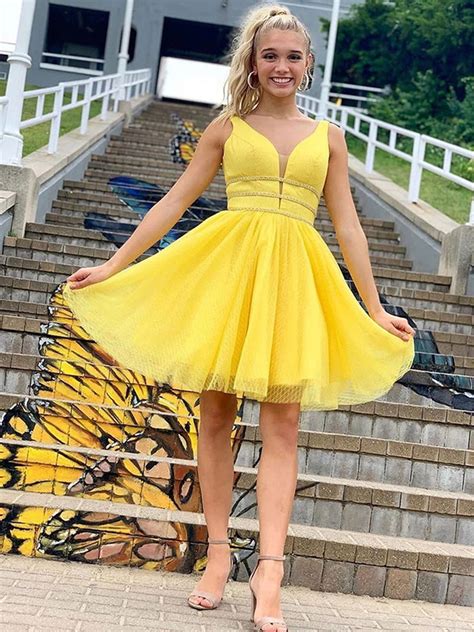 Cute A Line V Neck Yellow Short Prom Dresses Homecoming Dresses With T