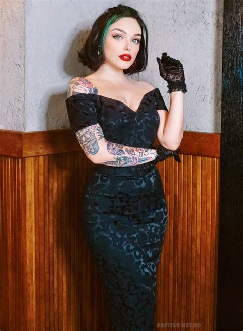 rhonda s revenge black satin jacquard 50s style pencil dress british retro