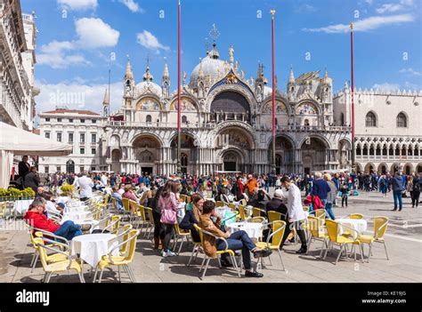 Venice Italy Venice Cafes In St Marks Square Piazza San Marco In Front Of The Basilica Di San