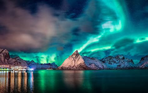 Hd Wallpaper Body Of Water Norway Blue Sky Mountains Lights