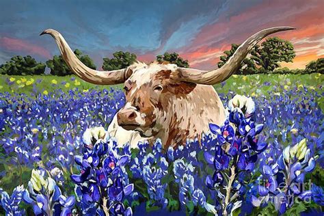 Texas Bluebonnet Painting Longhorn In Bluebonnets By Tim Gilliland