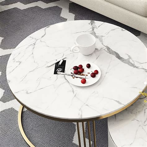 White Round Coffee Table With Storage Faux Marble Top Nesting Coffee