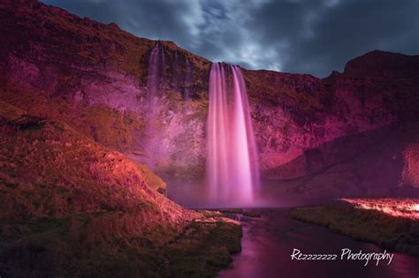 Pink Seljalandsfoss Waterfall