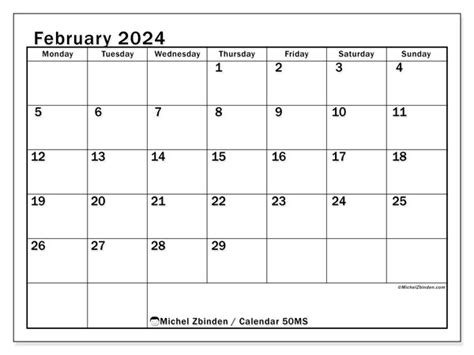 February 2024 Printable Calendar “53ms” Michel Zbinden Bz