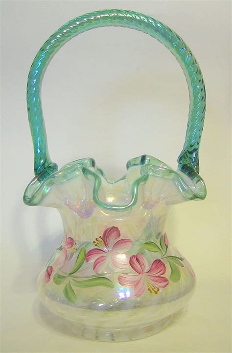 Vintage Fenton Glass Basket 90 Year Celebration Opalescent 8 To 9 Inch Signed Fenton Glass