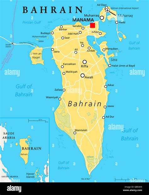 Bahrain Political Map With Capital Manama Island Country Stock Photo