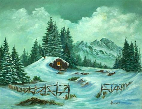 Snowy Cabin Cabin Art Painting Snowy
