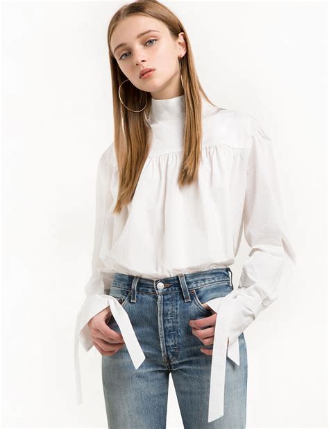 Download White Mock Neck Balloon Sleeve Shirt | Fashion, Bow tie ...