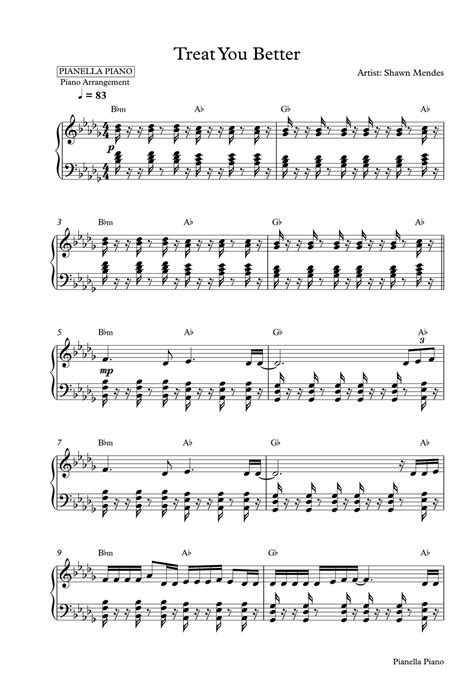 Shawn Mendes Treat You Better Piano Sheet By Pianella Piano Sheet