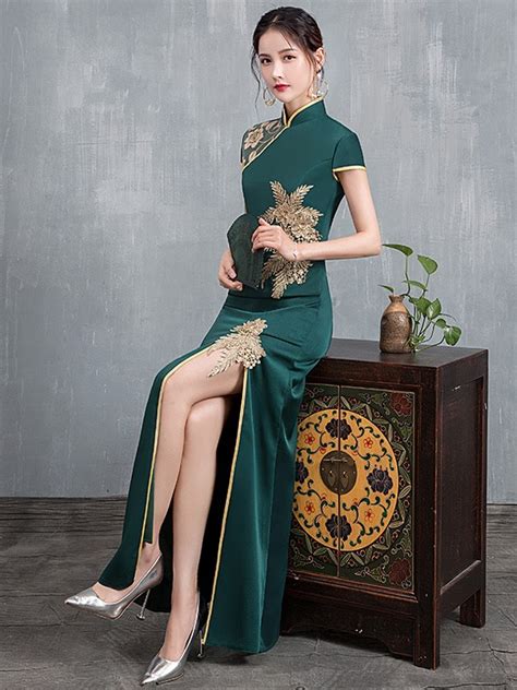 Olive Green Beaded Split Front Long Qipao Cheongsam Dress Chinese Style Dress Chinese Wedding