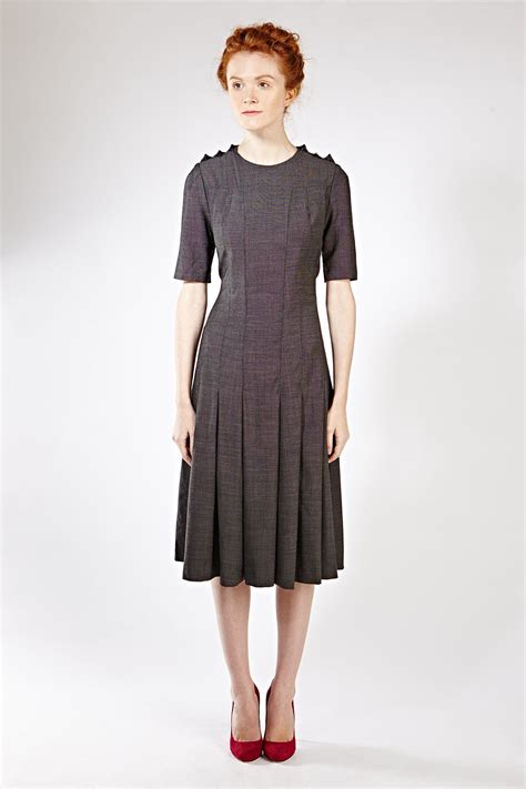 Women Midi Dress, Gray Wool Dress, 1940's Dress, Pleated Dress, Retro Dress, Flare Dress 