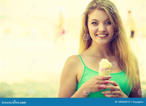 Happy Woman Eating Ice Cream On Beach Stock Image Image Of Sweets