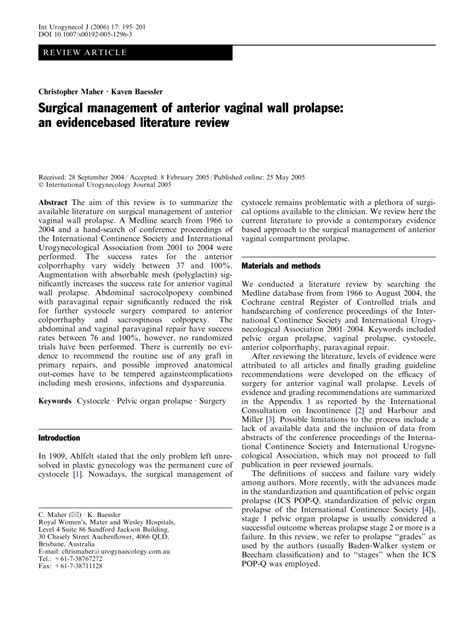 Pdf Surgical Management Of Anterior Vaginal Wall Prolapse An Evidence Based Literature Review