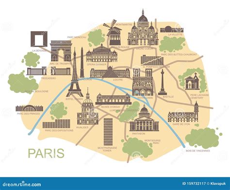 Stilvolle Karte Von Paris Mit Den Wichtigsten Sehenswürdigkeiten Vektor